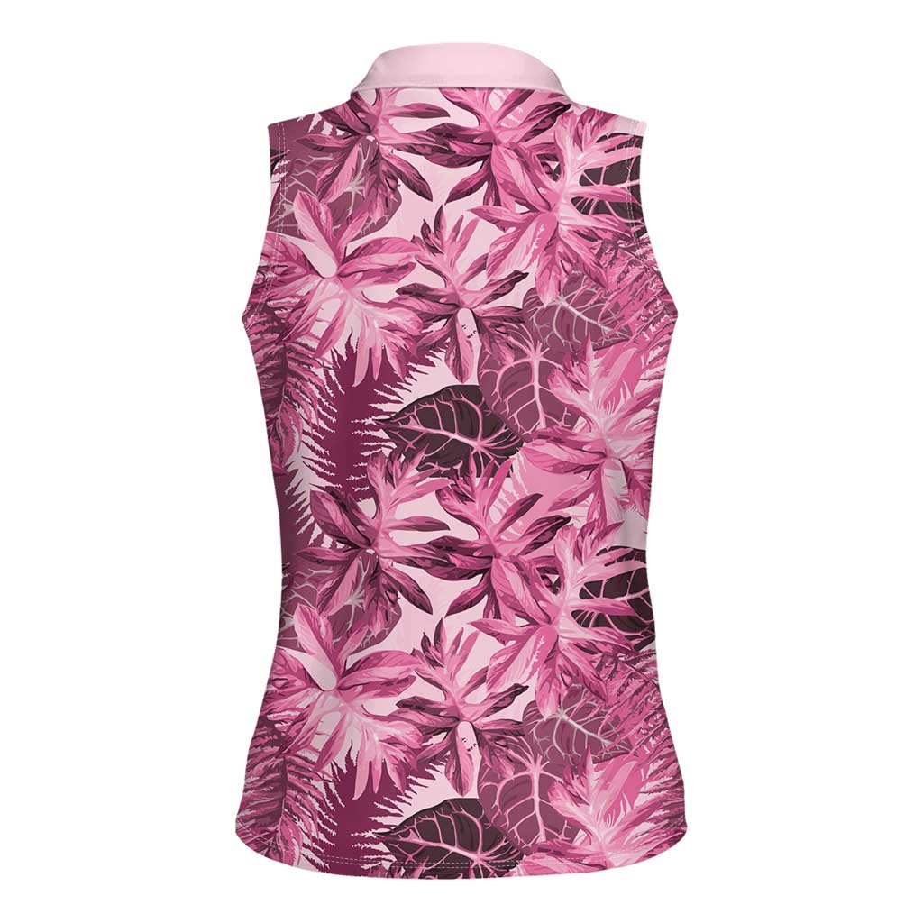 Hawaii Pink Tropical Leaves Women Sleeveless Polo Shirt - Polynesian Pride