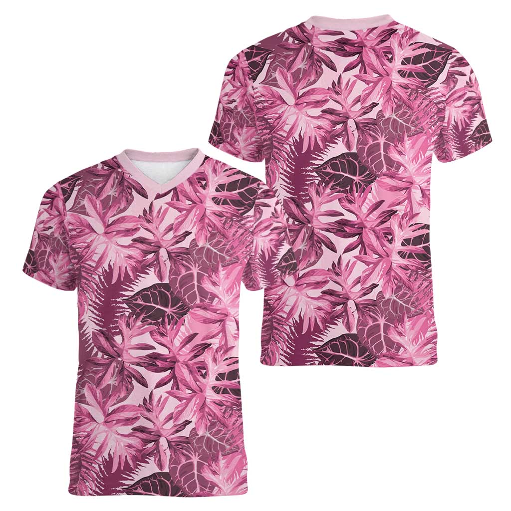 Hawaii Pink Tropical Leaves Women V-Neck T-Shirt LT01 - Polynesian Pride
