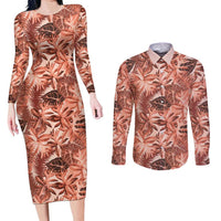 Hawaii Red Brown Tropical Leaves Couples Matching Long Sleeve Bodycon Dress and Long Sleeve Button Shirt - Polynesian Pride
