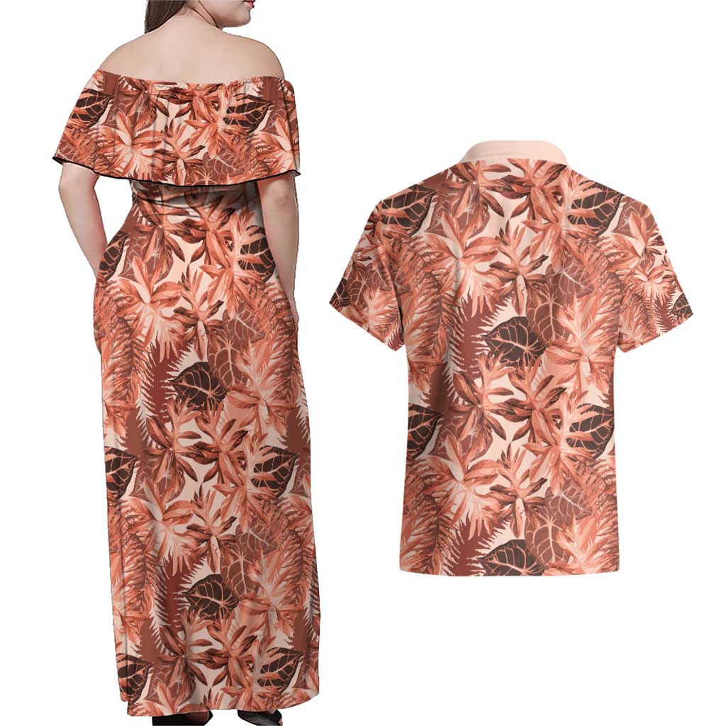 Hawaii Red Brown Tropical Leaves Couples Matching Off Shoulder Maxi Dress and Hawaiian Shirt - Polynesian Pride