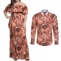 Hawaii Red Brown Tropical Leaves Couples Matching Off Shoulder Maxi Dress and Long Sleeve Button Shirt - Polynesian Pride