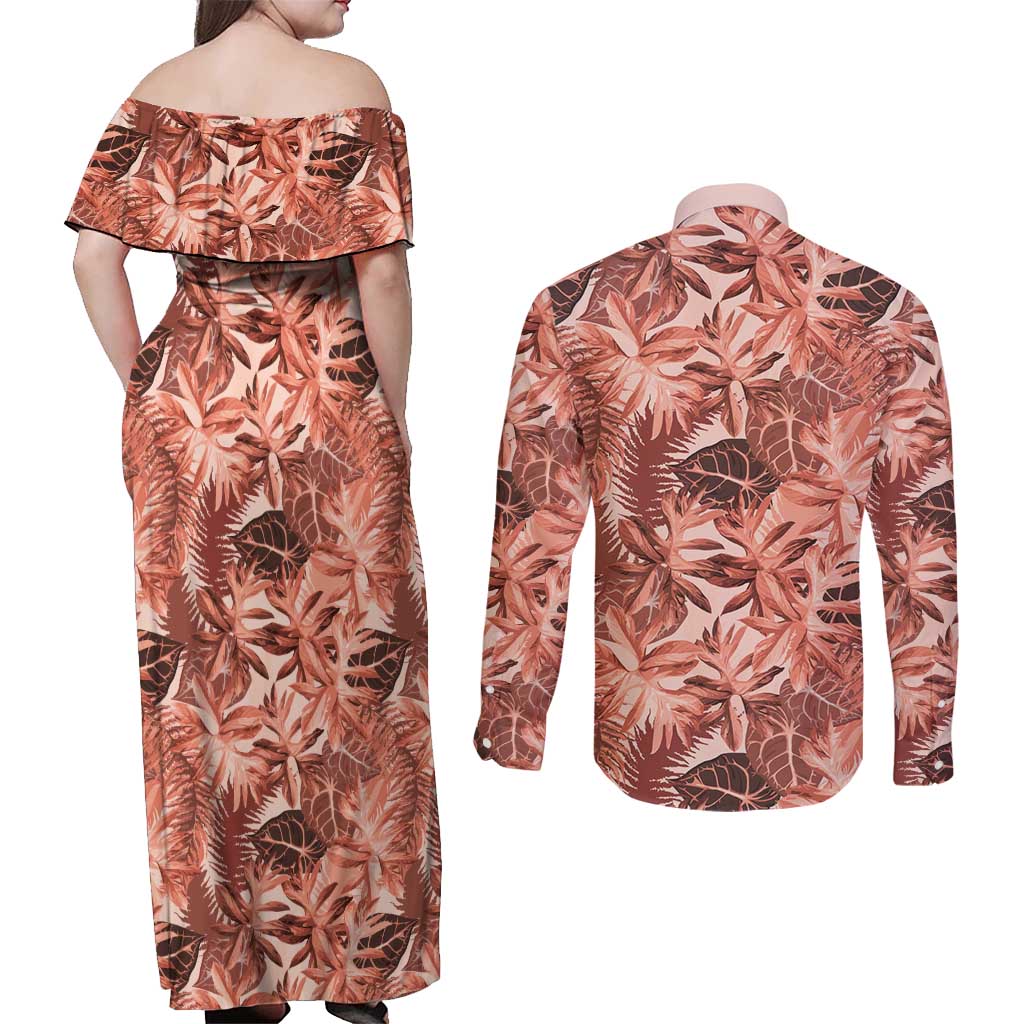 Hawaii Red Brown Tropical Leaves Couples Matching Off Shoulder Maxi Dress and Long Sleeve Button Shirt - Polynesian Pride