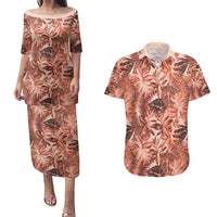 Hawaii Red Brown Tropical Leaves Couples Matching Puletasi and Hawaiian Shirt - Polynesian Pride