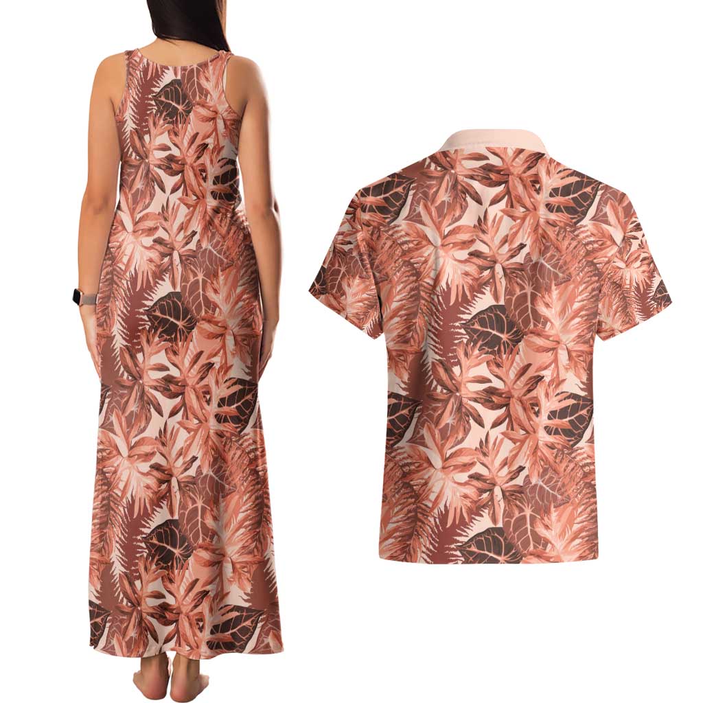 Hawaii Red Brown Tropical Leaves Couples Matching Tank Maxi Dress and Hawaiian Shirt - Polynesian Pride