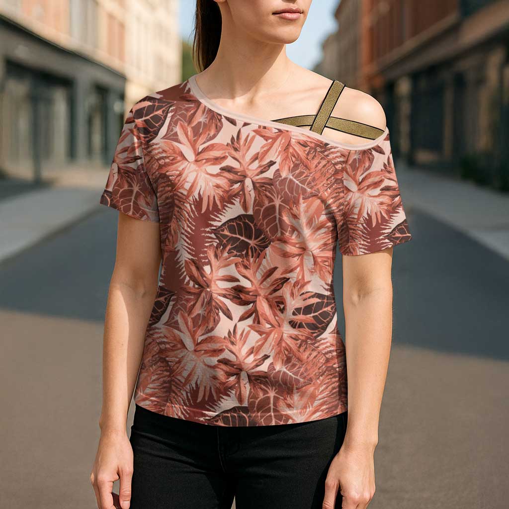 Hawaii Red Brown Tropical Leaves Cross Shoulder Shirt - Polynesian Pride