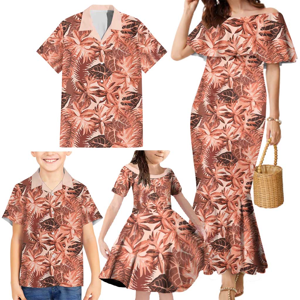 Hawaii Red Brown Tropical Leaves Family Matching Mermaid Dress and Hawaiian Shirt - Polynesian Pride