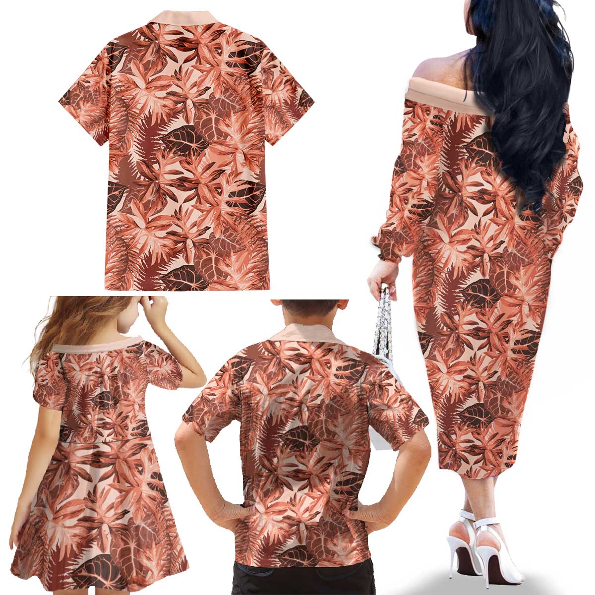 Hawaii Red Brown Tropical Leaves Family Matching Off The Shoulder Long Sleeve Dress and Hawaiian Shirt LT01 - Polynesian Pride