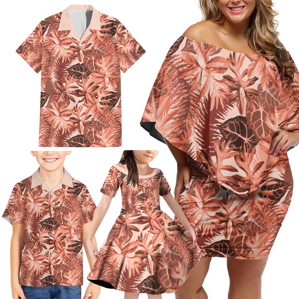 Hawaii Red Brown Tropical Leaves Family Matching Off Shoulder Short Dress and Hawaiian Shirt - Polynesian Pride