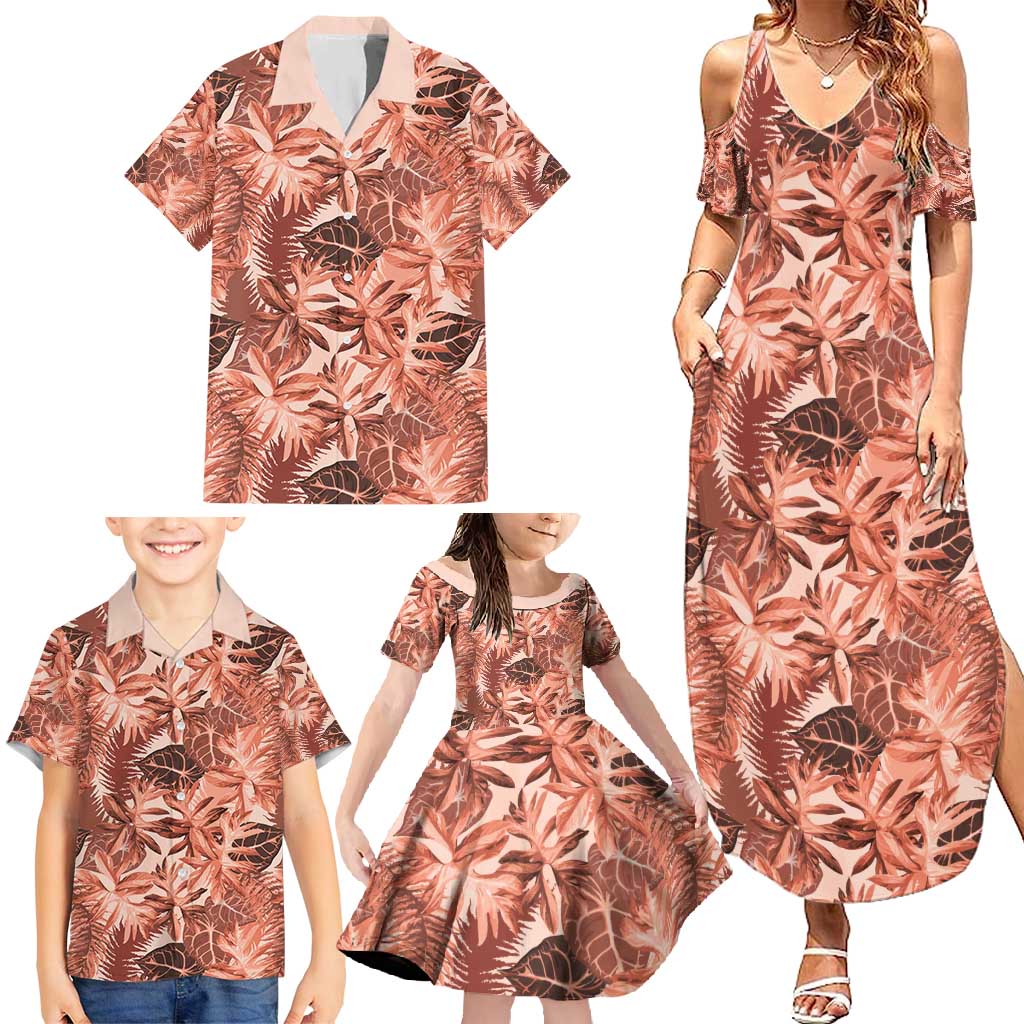 Hawaii Red Brown Tropical Leaves Family Matching Summer Maxi Dress and Hawaiian Shirt - Polynesian Pride