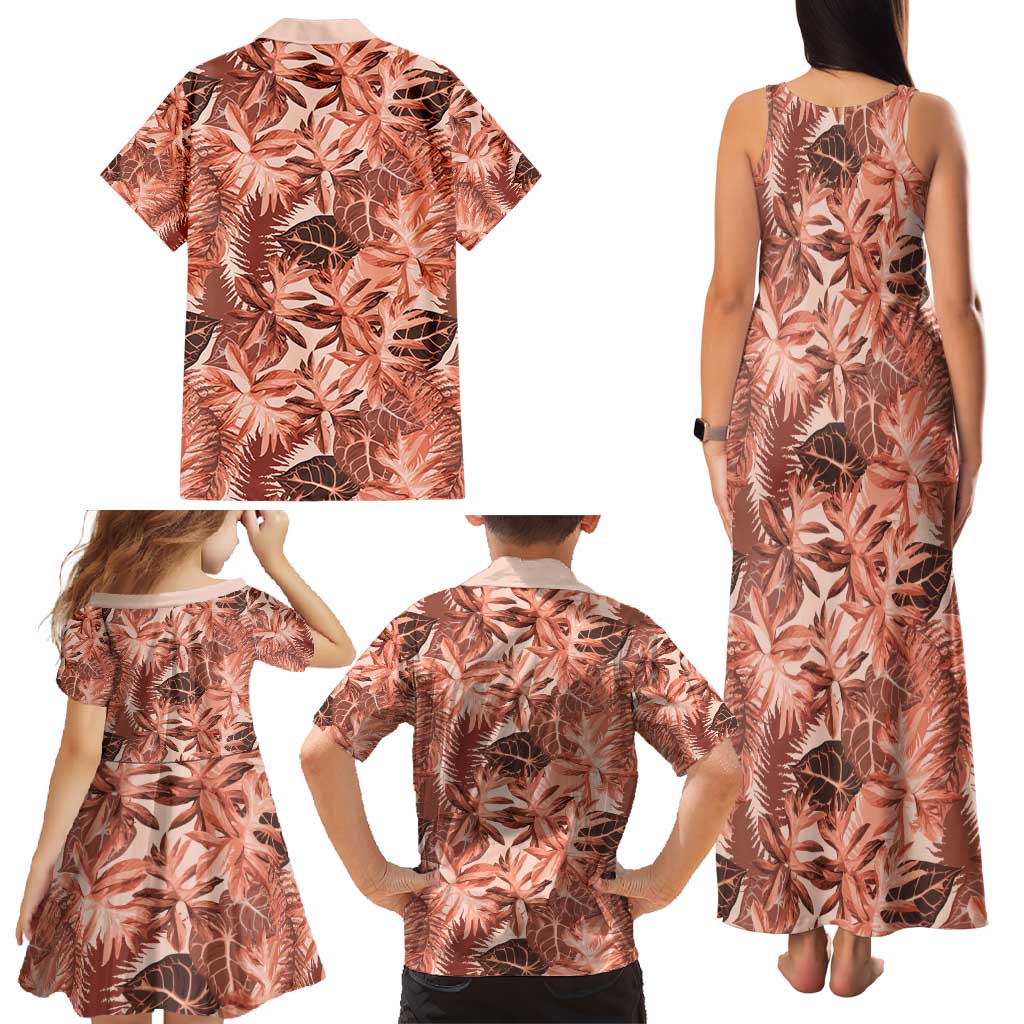 Hawaii Red Brown Tropical Leaves Family Matching Tank Maxi Dress and Hawaiian Shirt - Polynesian Pride