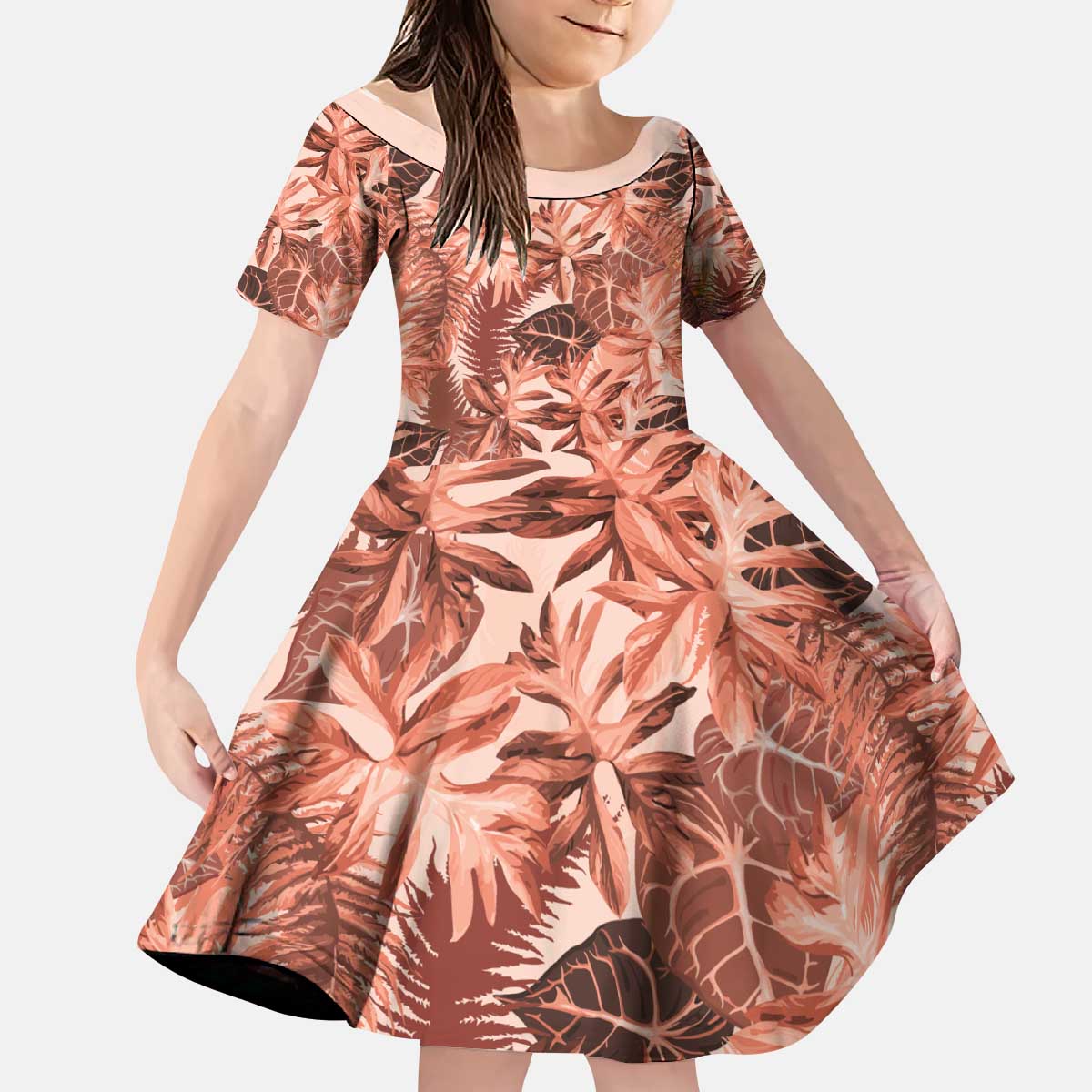 Hawaii Red Brown Tropical Leaves Kid Short Sleeve Dress - Polynesian Pride