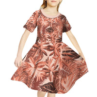 Hawaii Red Brown Tropical Leaves Kid Short Sleeve Dress - Polynesian Pride