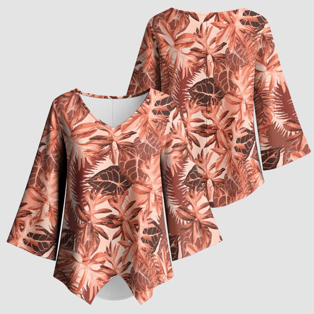 Hawaii Red Brown Tropical Leaves Kimono Sleeve Blouse - Polynesian Pride