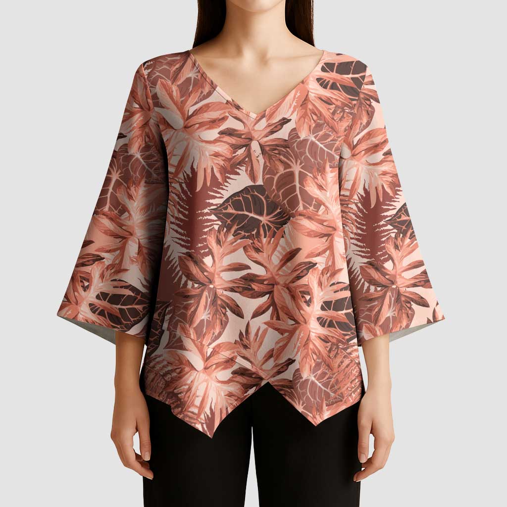 Hawaii Red Brown Tropical Leaves Kimono Sleeve Blouse - Polynesian Pride