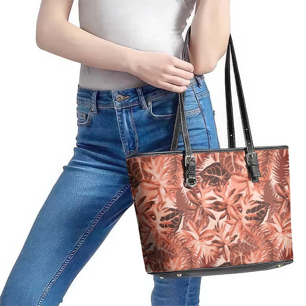 Hawaii Red Brown Tropical Leaves Leather Tote Bag - Polynesian Pride