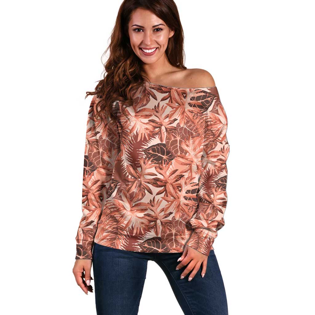 Hawaii Red Brown Tropical Leaves Off Shoulder Sweater - Polynesian Pride