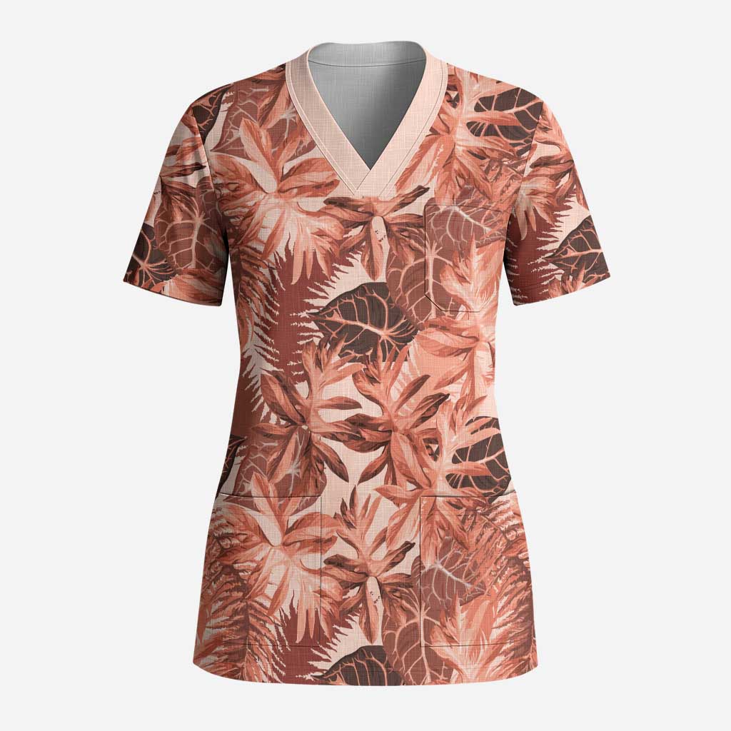 Hawaii Red Brown Tropical Leaves Scrub Top - Polynesian Pride