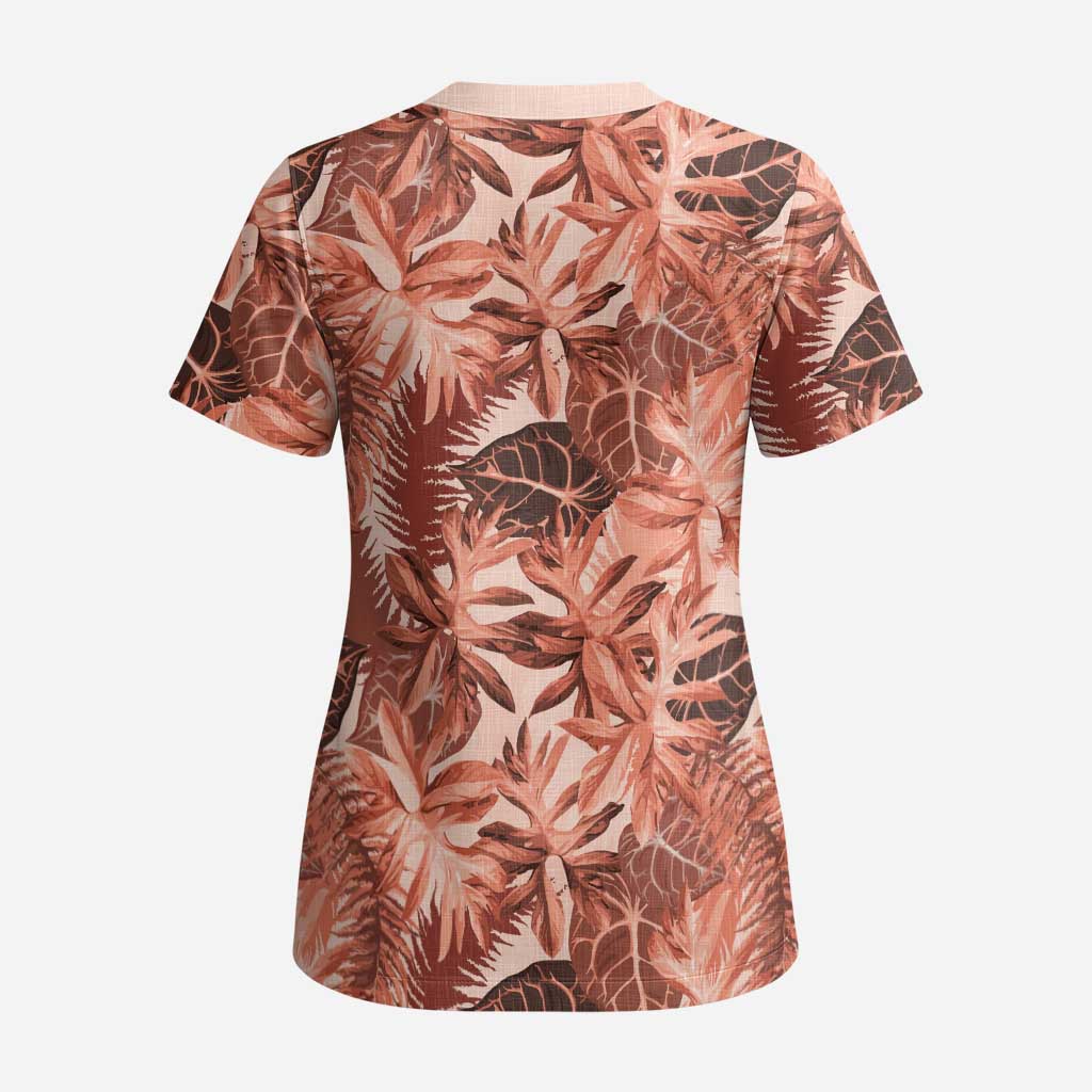 Hawaii Red Brown Tropical Leaves Scrub Top LT01 - Polynesian Pride