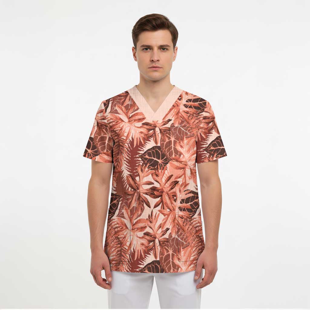 Hawaii Red Brown Tropical Leaves Scrub Top LT01 - Polynesian Pride
