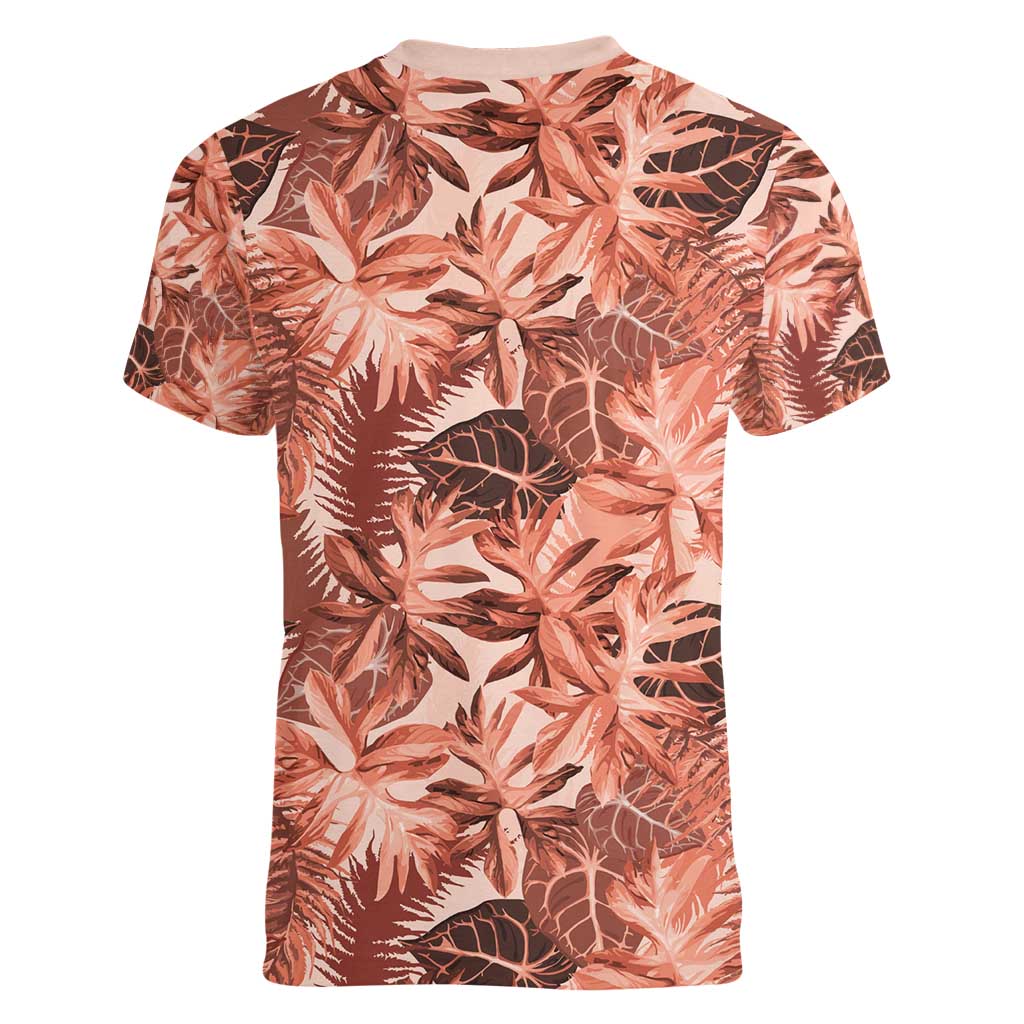 Hawaii Red Brown Tropical Leaves Women V-Neck T-Shirt - Polynesian Pride