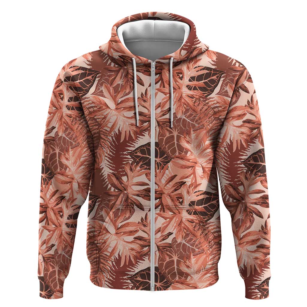 Hawaii Red Brown Tropical Leaves Zip Hoodie - Polynesian Pride