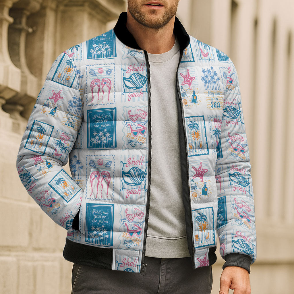 Hawaii Coastal Summer Postcard Bomber Puffer Jacket