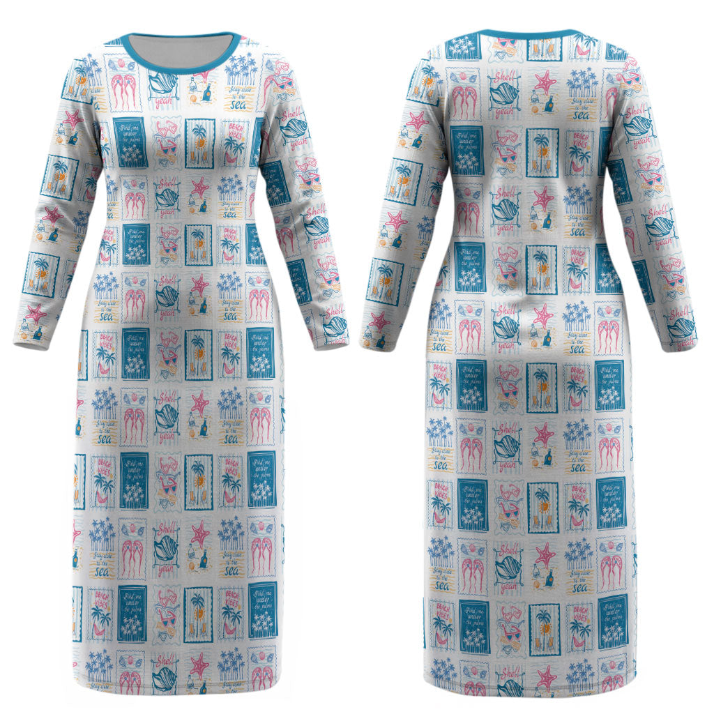 Hawaii Coastal Summer Postcard Couples Matching Long Sleeve Bodycon Dress and Long Sleeve Button Shirt