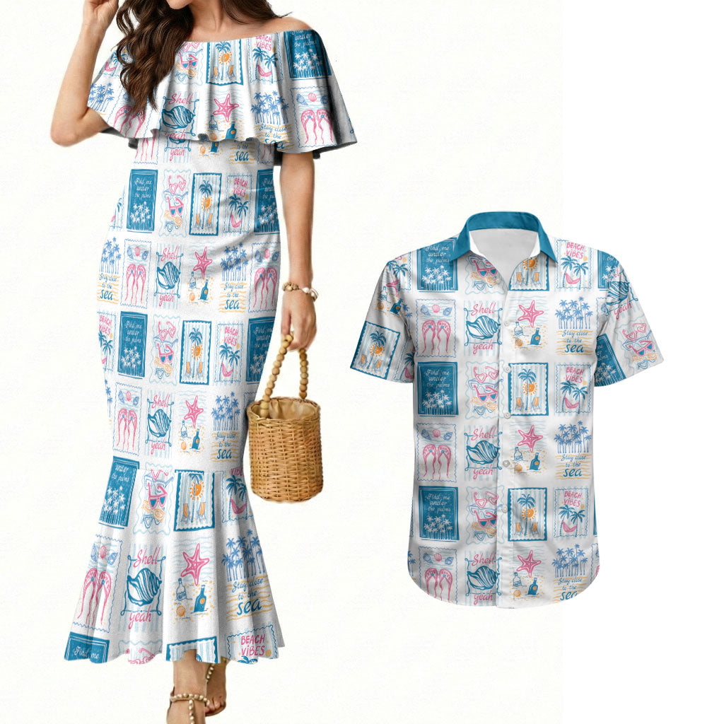 Hawaii Coastal Summer Postcard Couples Matching Mermaid Dress and Hawaiian Shirt