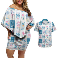 Hawaii Coastal Summer Postcard Couples Matching Off Shoulder Short Dress and Hawaiian Shirt