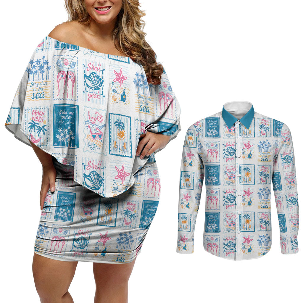 Hawaii Coastal Summer Postcard Couples Matching Off Shoulder Short Dress and Long Sleeve Button Shirt