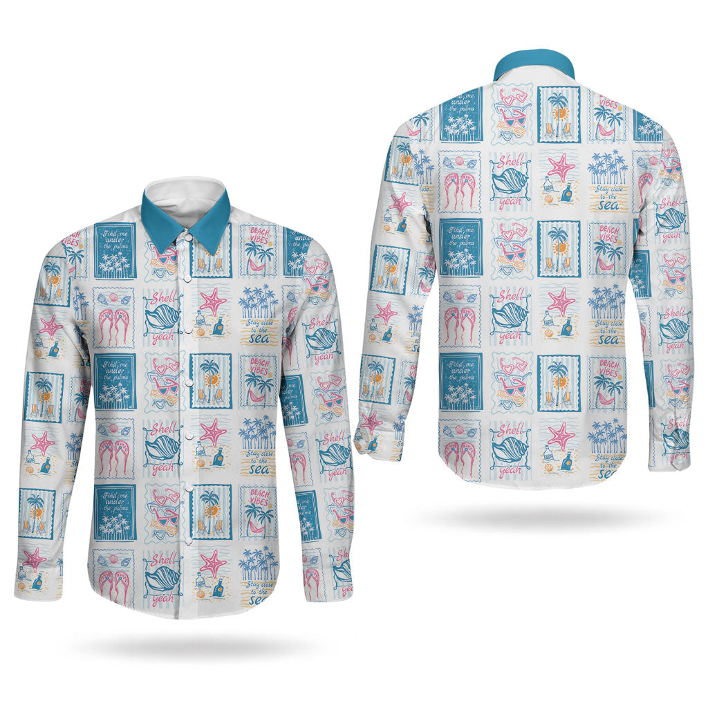Hawaii Coastal Summer Postcard Couples Matching Puletasi and Long Sleeve Button Shirt