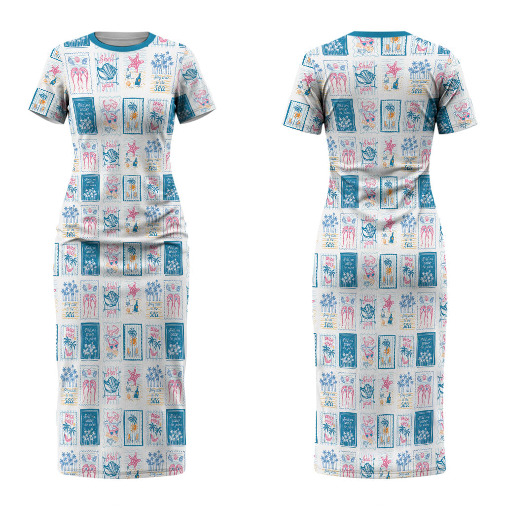Hawaii Coastal Summer Postcard Couples Matching Short Sleeve Bodycon Dress and Hawaiian Shirt