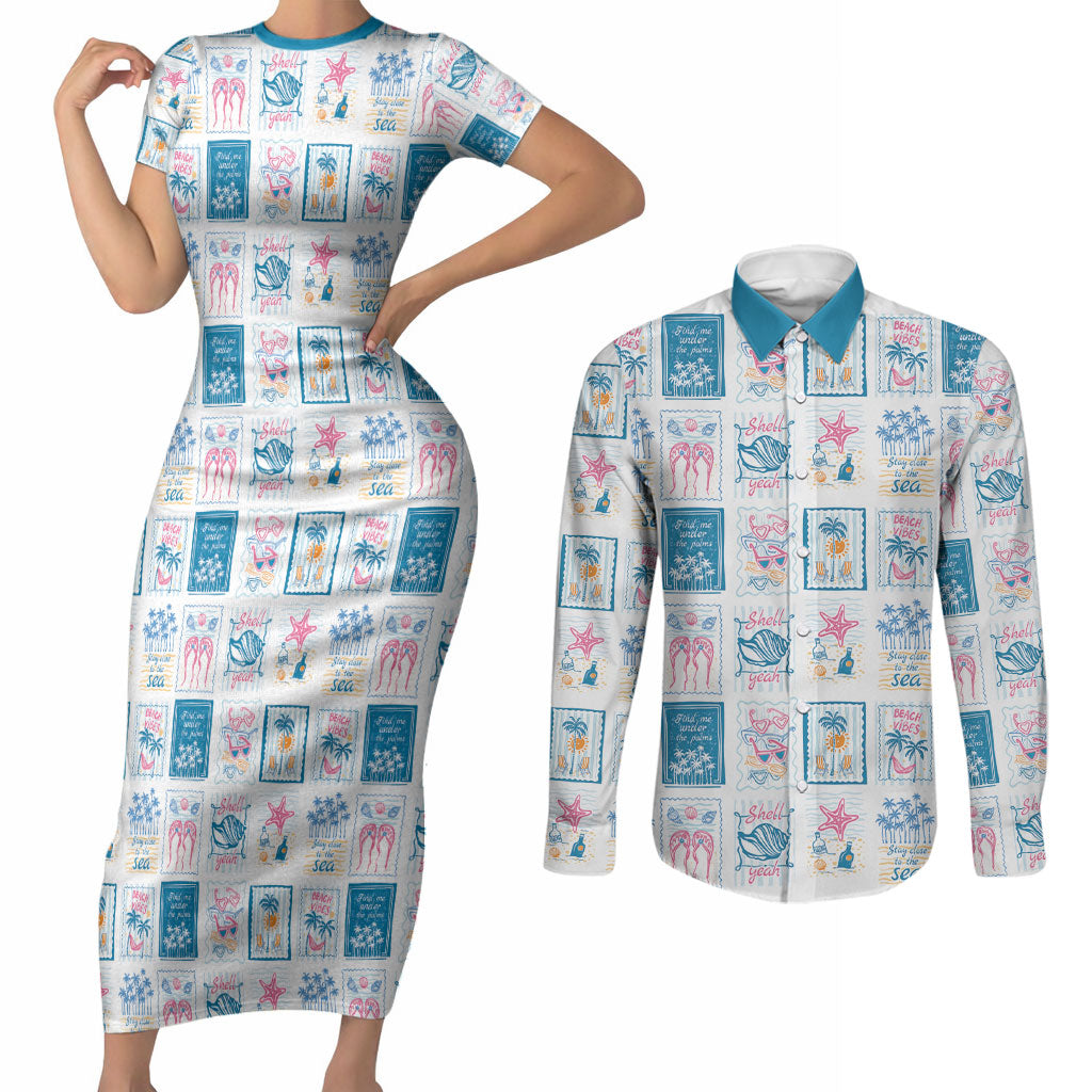 Hawaii Coastal Summer Postcard Couples Matching Short Sleeve Bodycon Dress and Long Sleeve Button Shirt