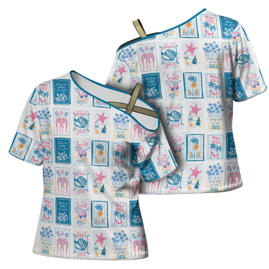 Hawaii Coastal Summer Postcard Cross Shoulder Shirt