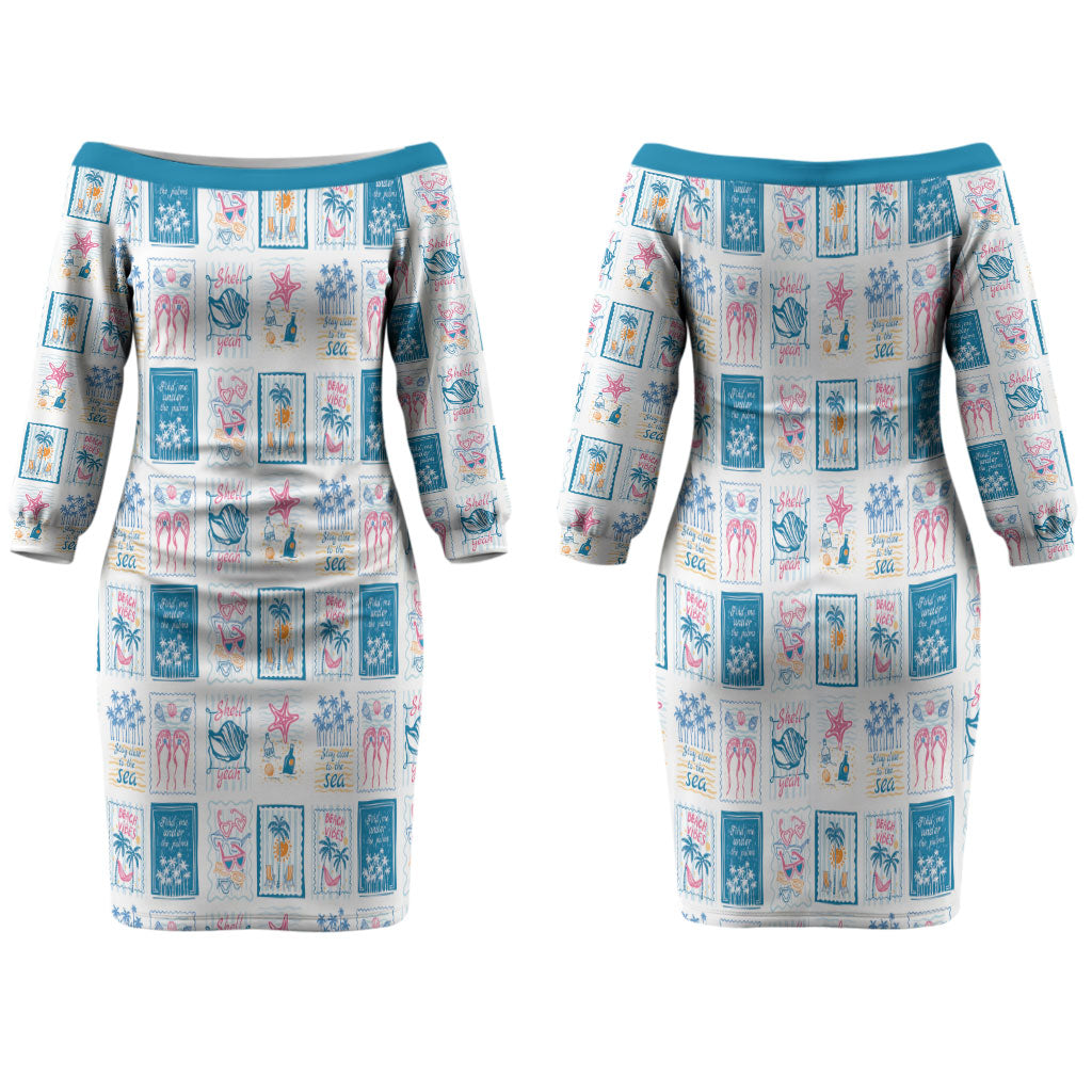 Hawaii Coastal Summer Postcard Family Matching Off The Shoulder Long Sleeve Dress and Hawaiian Shirt