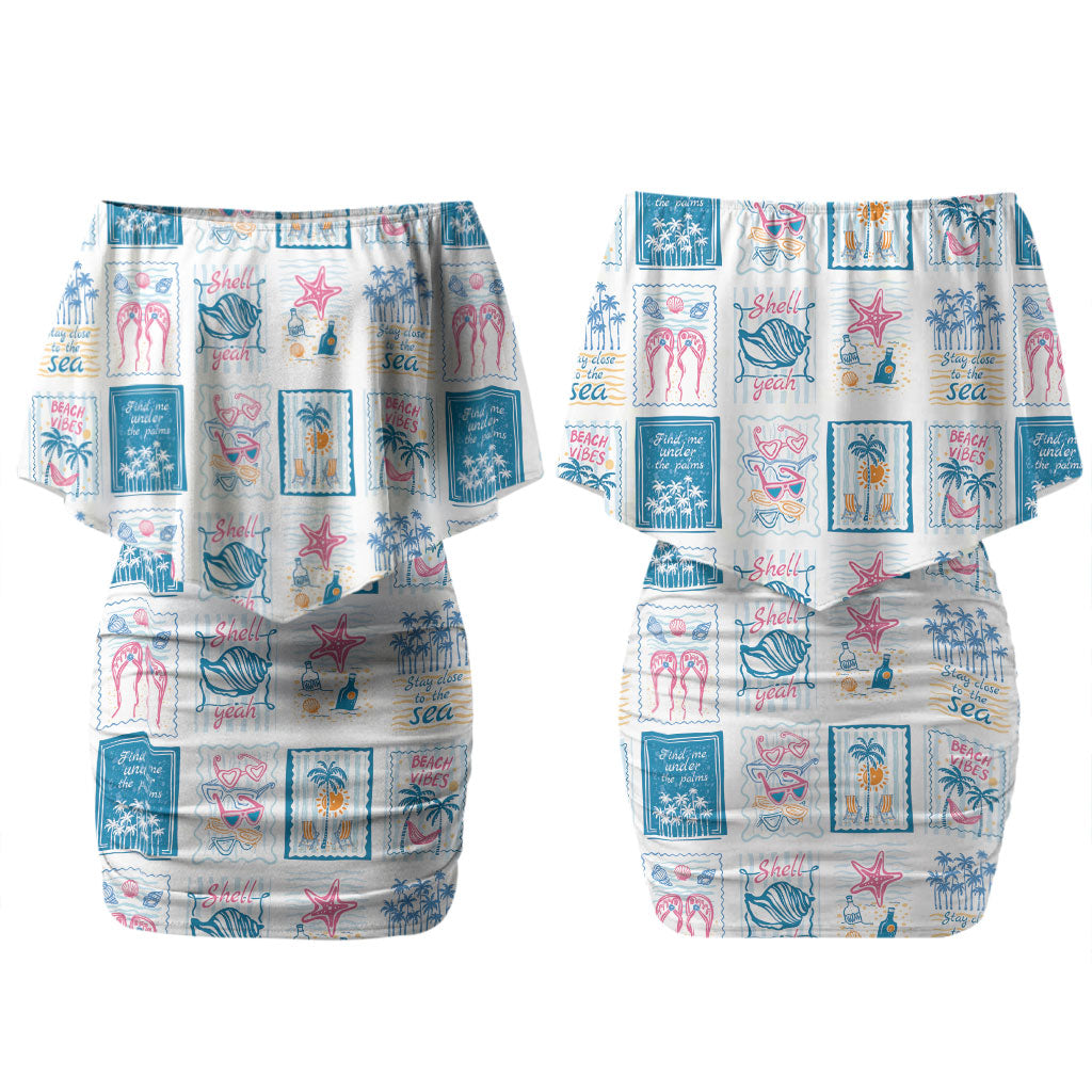 Hawaii Coastal Summer Postcard Family Matching Off Shoulder Short Dress and Hawaiian Shirt