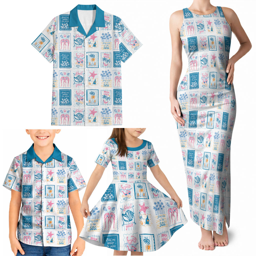 Hawaii Coastal Summer Postcard Family Matching Tank Maxi Dress and Hawaiian Shirt