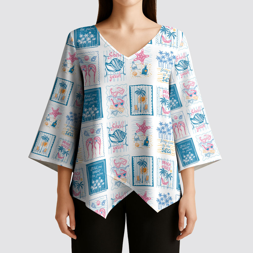 Hawaii Coastal Summer Postcard Kimono Sleeve Blouse