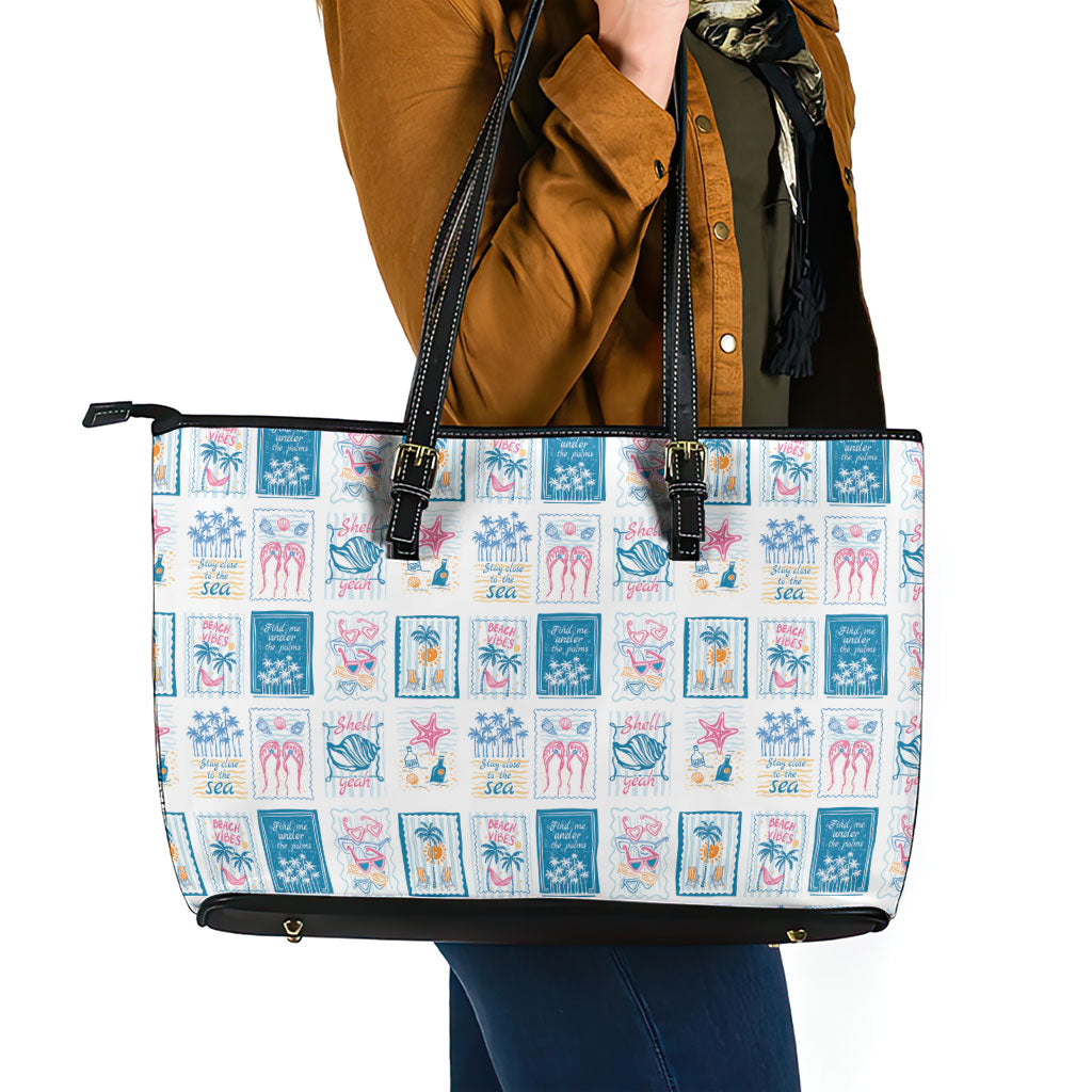 Hawaii Coastal Summer Postcard Leather Tote Bag