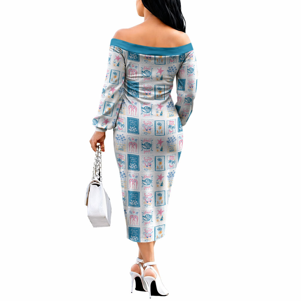 Hawaii Coastal Summer Postcard Off The Shoulder Long Sleeve Dress