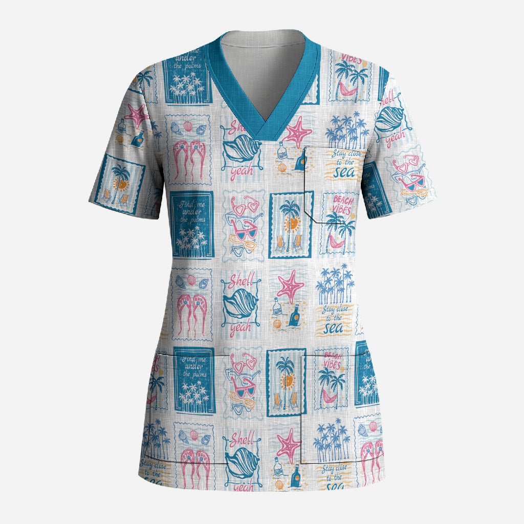 Hawaii Coastal Summer Postcard Scrub Top LT01 Adult Multicolor - Polynesian Pride