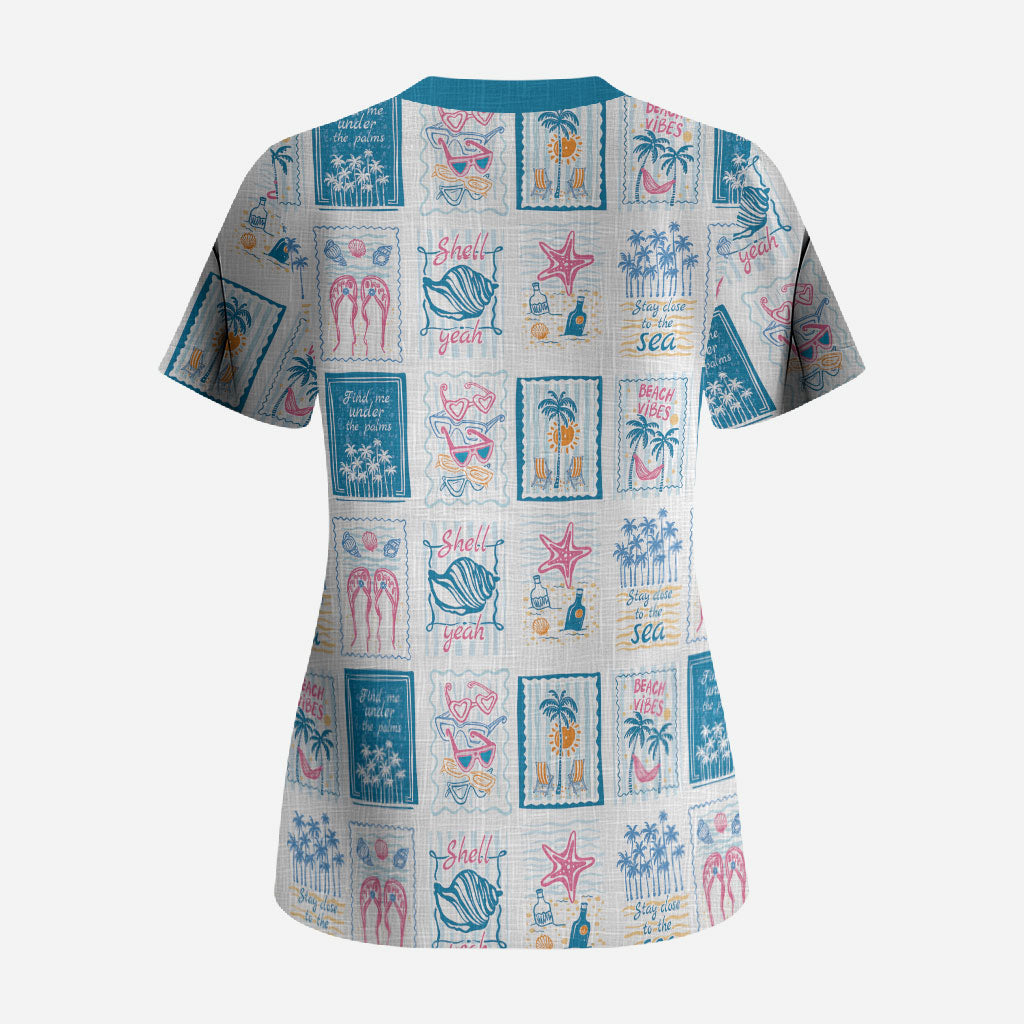 Hawaii Coastal Summer Postcard Scrub Top