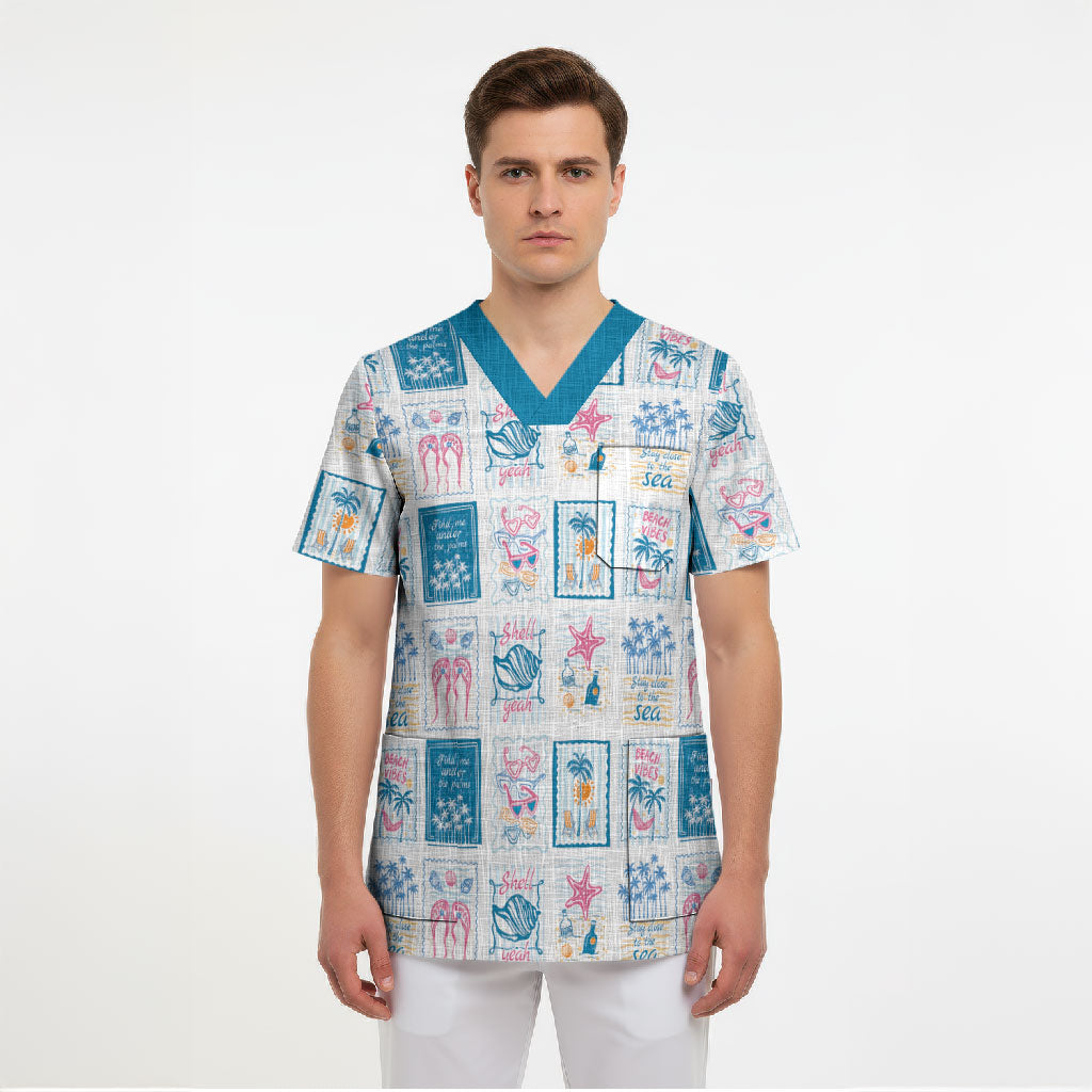 Hawaii Coastal Summer Postcard Scrub Top