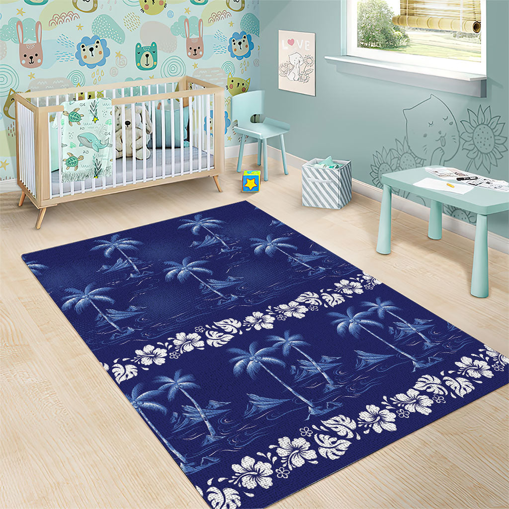 Blue Hawaii Palm Tree Hibiscus Area Rug Fantasy Summer Vibe LT01 - Polynesian Pride