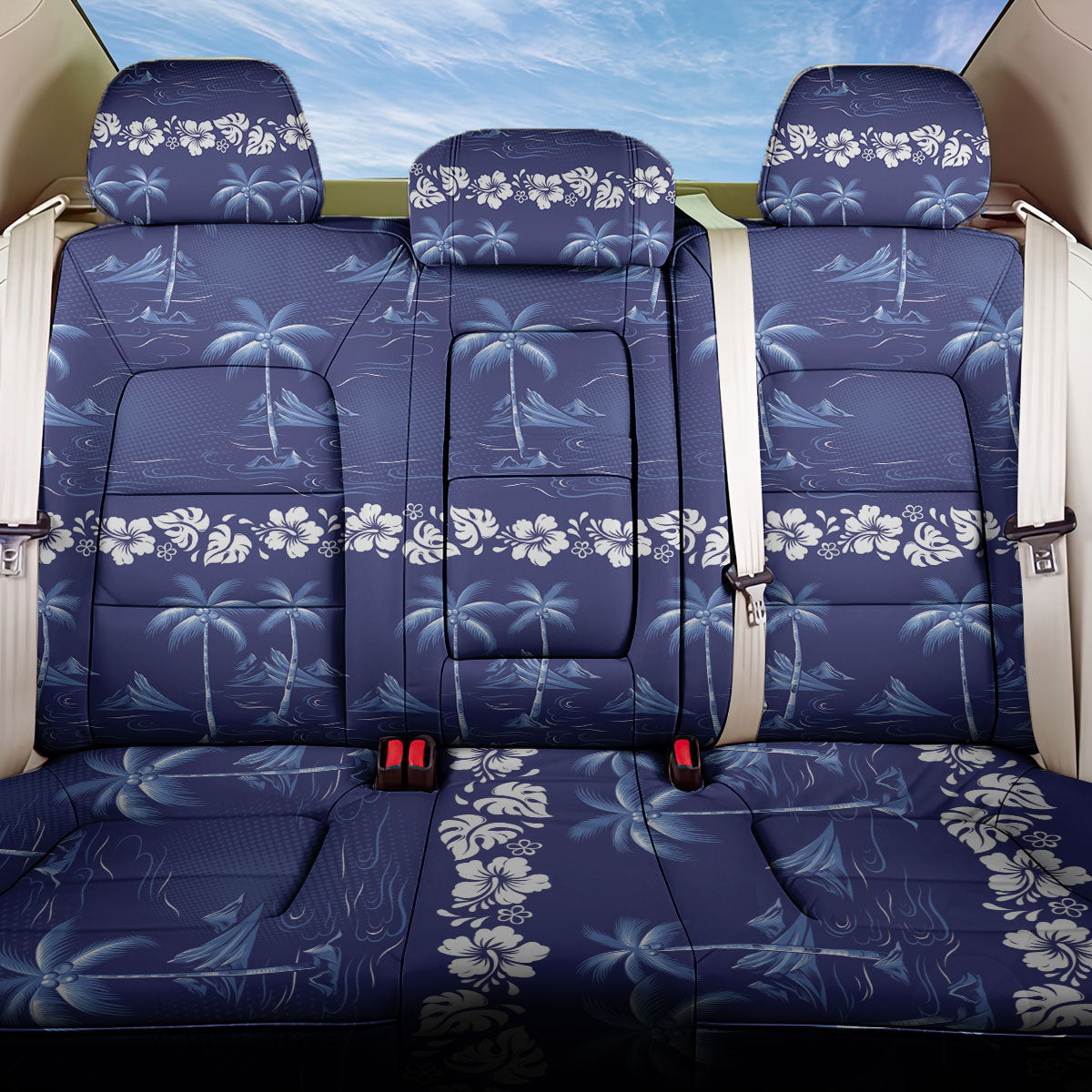 Blue Hawaii Palm Tree Hibiscus Back Car Seat Cover Fantasy Summer Vibe LT01 One Size Blue - Polynesian Pride