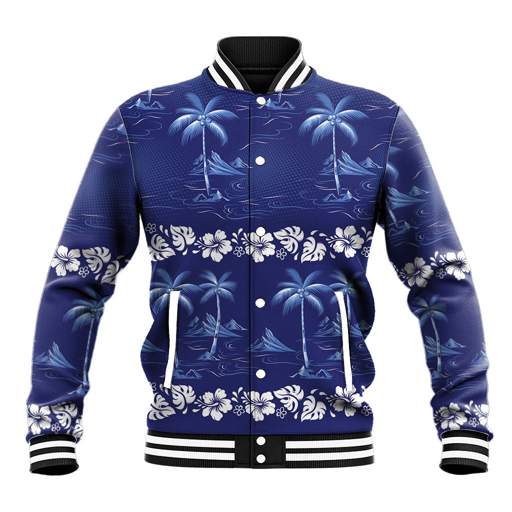 Blue Hawaii Palm Tree Hibiscus Baseball Jacket Fantasy Summer Vibe LT01 Unisex Blue - Polynesian Pride