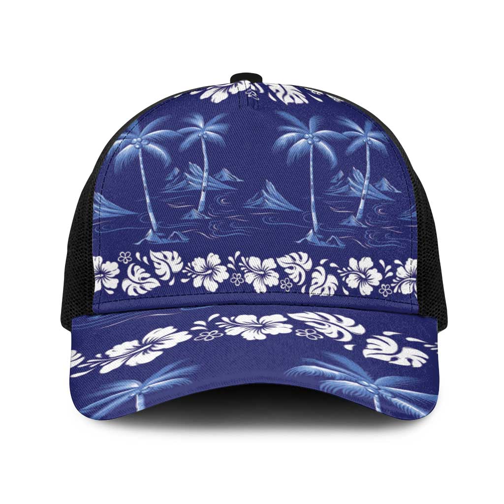 Blue Hawaii Palm Tree Hibiscus Baseball Net Cap Fantasy Summer Vibe LT01 One Size Black Blue - Polynesian Pride