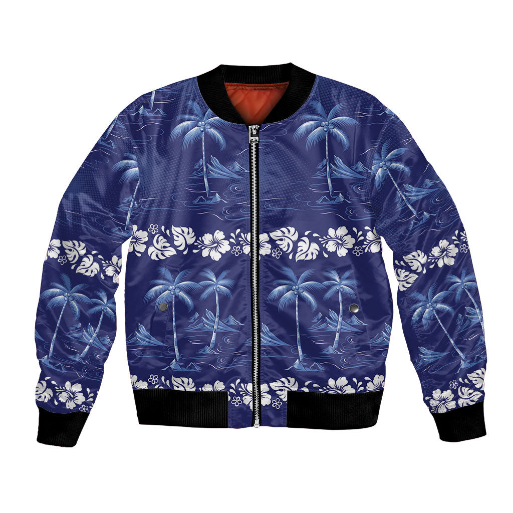 Blue Hawaii Palm Tree Hibiscus Bomber Jacket Fantasy Summer Vibe LT01 Unisex Blue - Polynesian Pride