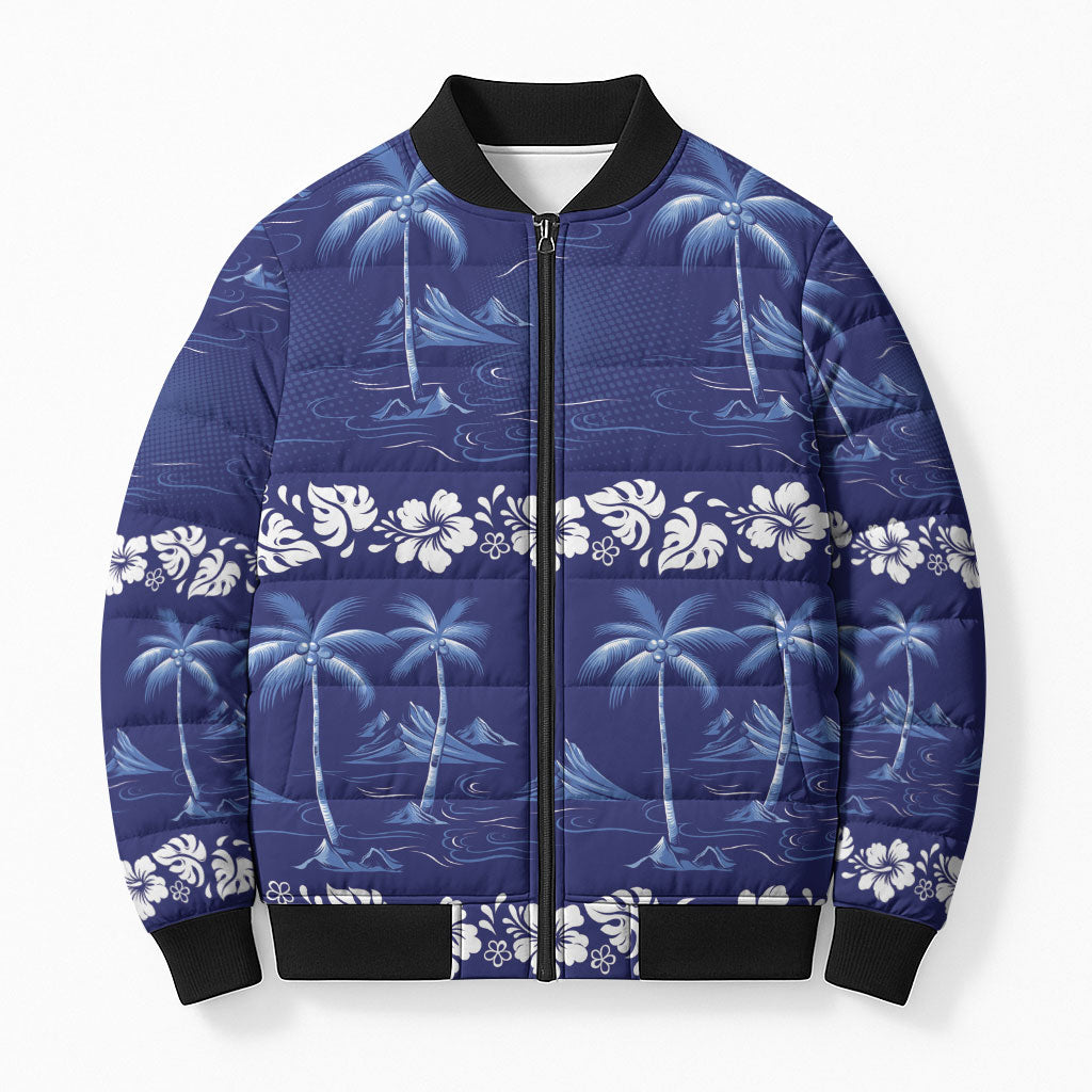Blue Hawaii Palm Tree Hibiscus Bomber Puffer Jacket Fantasy Summer Vibe LT01 Unisex Blue - Polynesian Pride