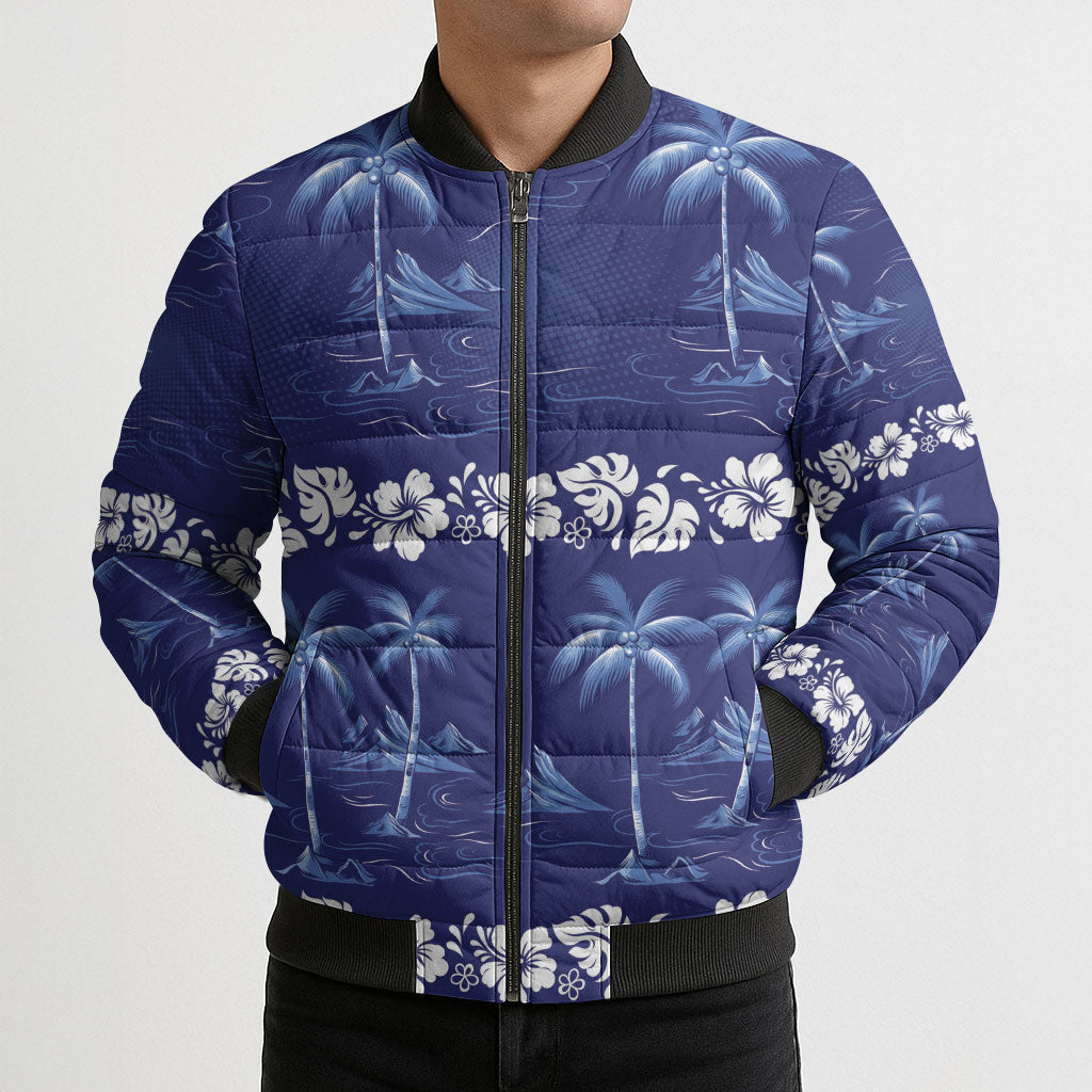 Blue Hawaii Palm Tree Hibiscus Bomber Puffer Jacket Fantasy Summer Vibe LT01 - Polynesian Pride